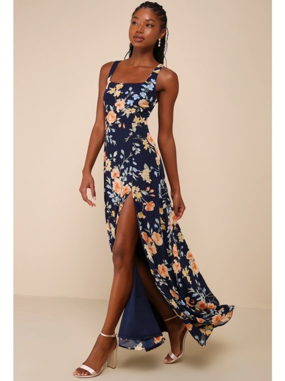 NWT Lulu’s Remarkable Arrival Navy Blue Floral Sleeveless Maxi Dress Large Chic